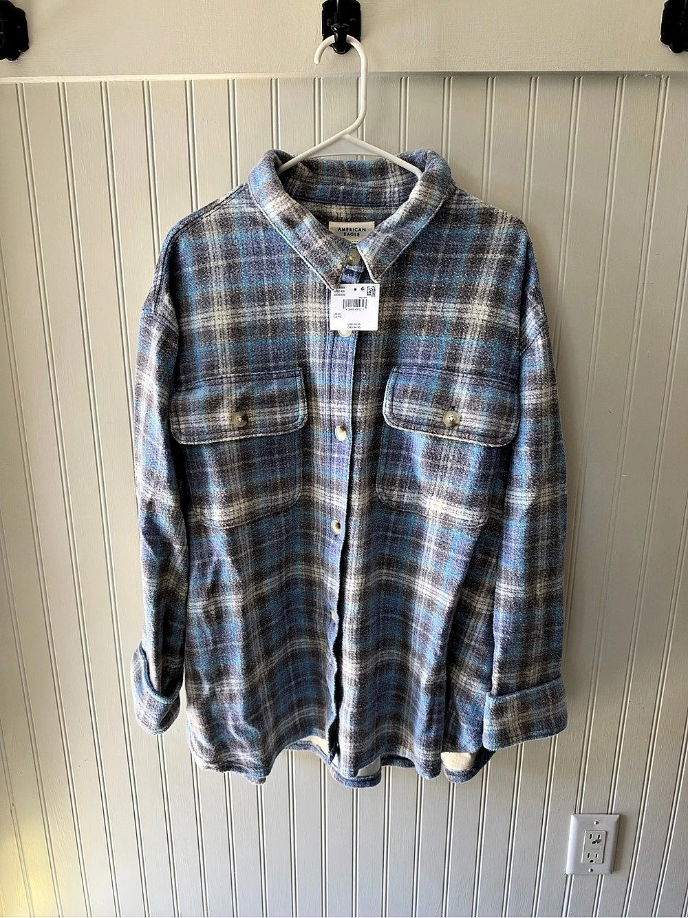 American Eagle AE Flannel Shacket in Blue & Gray